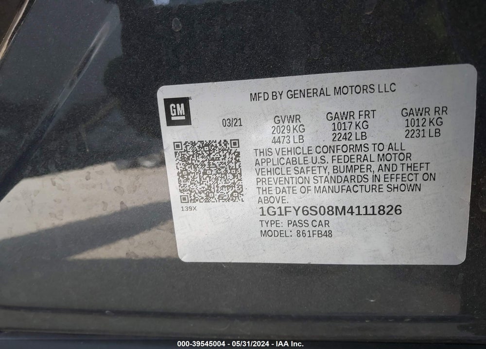 2021 CHEVROLET BOLT EV FWD LT VIN: 1G1FY6S08M4111826