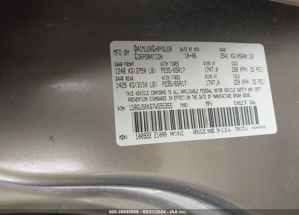 2007 DODGE NITRO SLT/RT VIN: 1D8GU58K67W555355