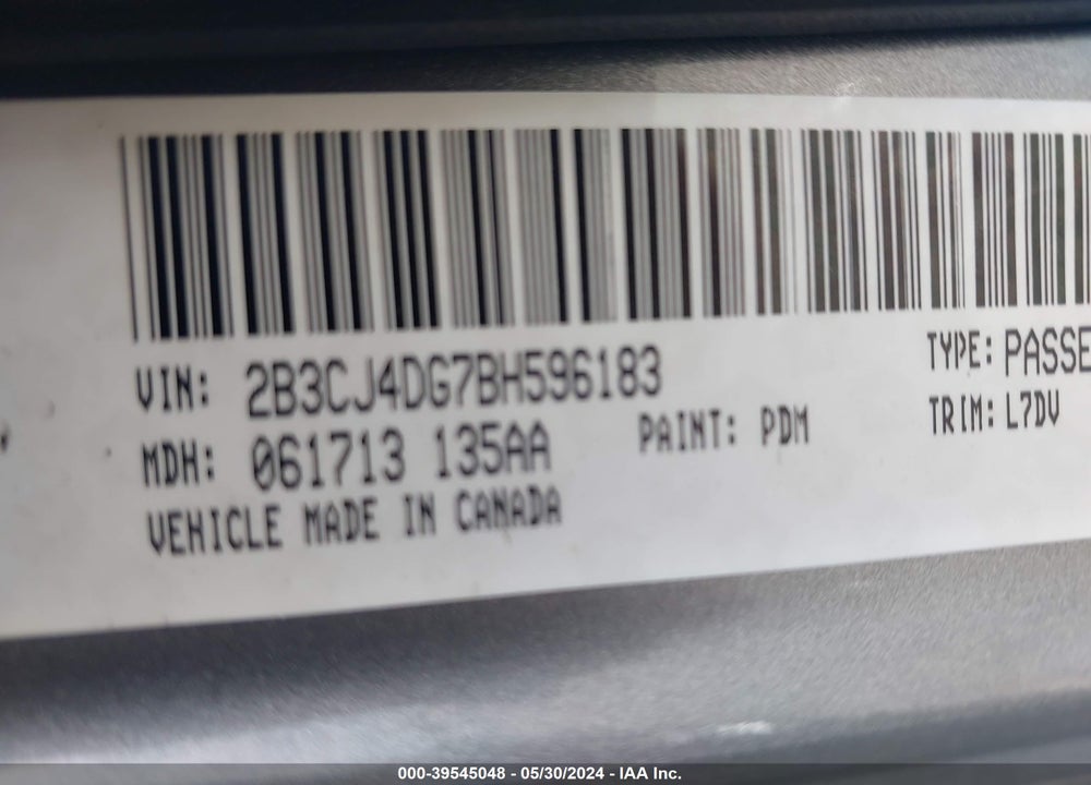 2011 DODGE CHALLENGER VIN: 2B3CJ4DG7BH596183