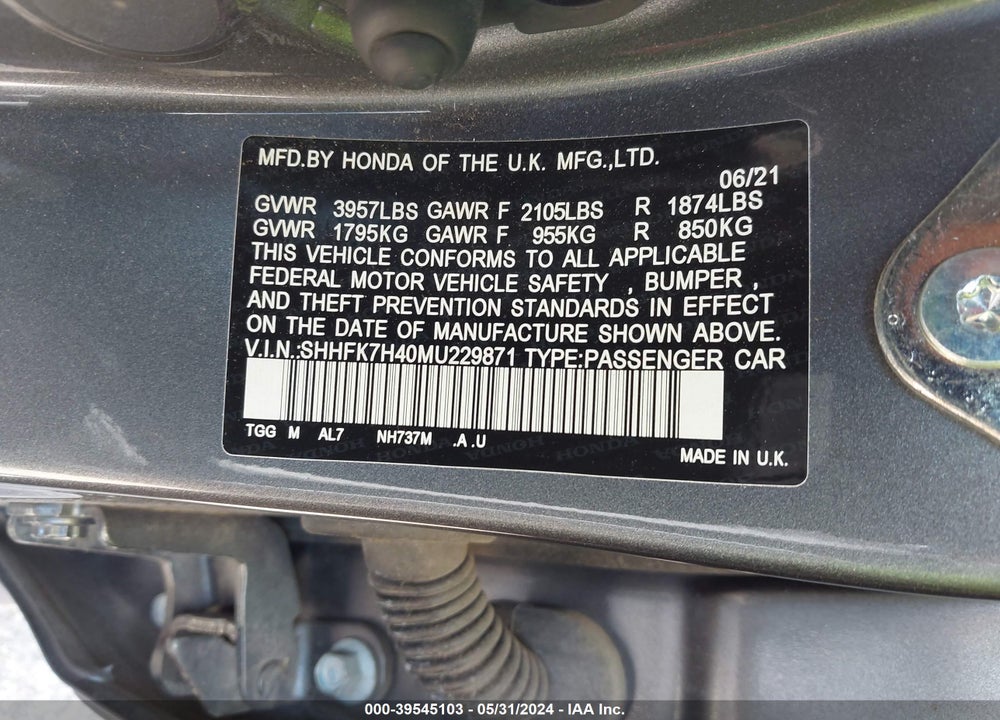 2021 HONDA CIVIC SPORT VIN: SHHFK7H40MU229871