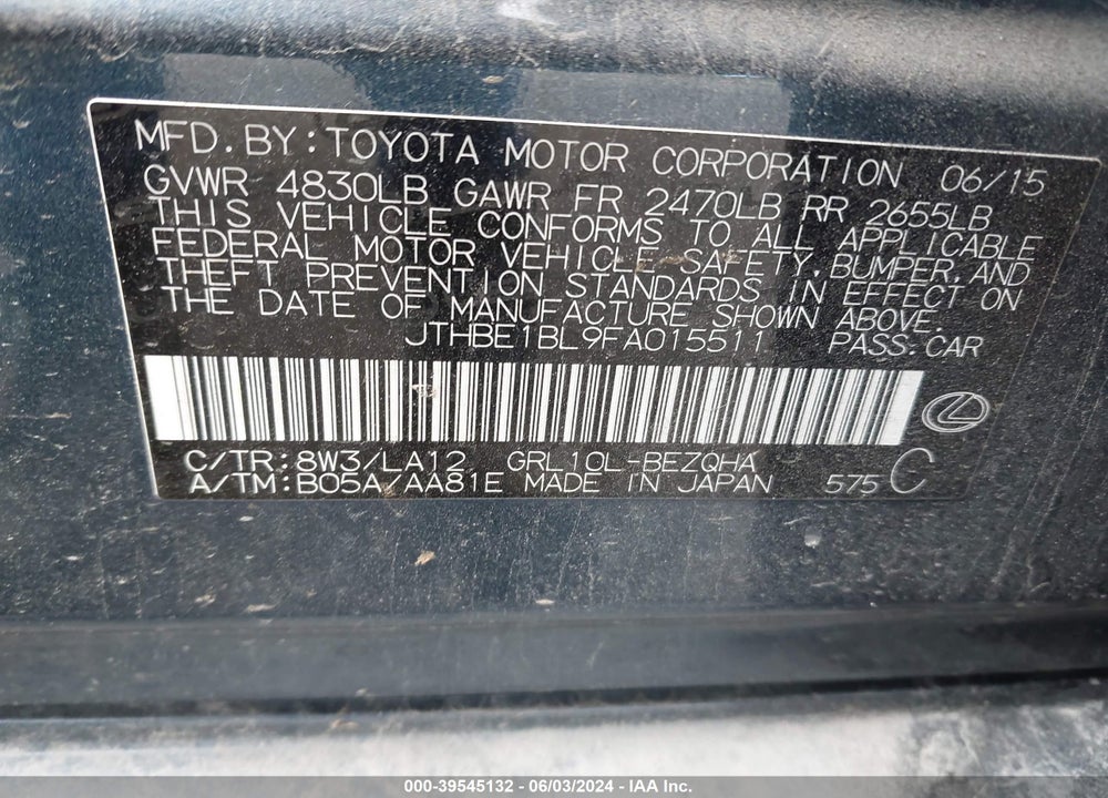 2015 LEXUS GS 350 VIN: JTHBE1BL9FA015511