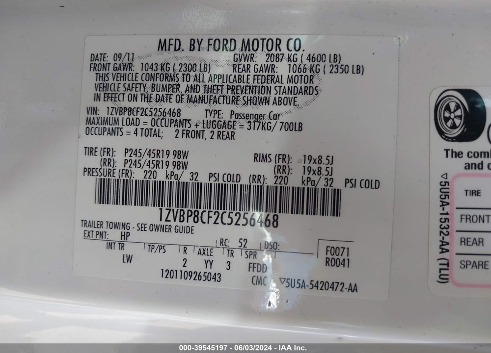 2012 FORD MUSTANG GT PREMIUM VIN: 1ZVBP8CF2C5256468