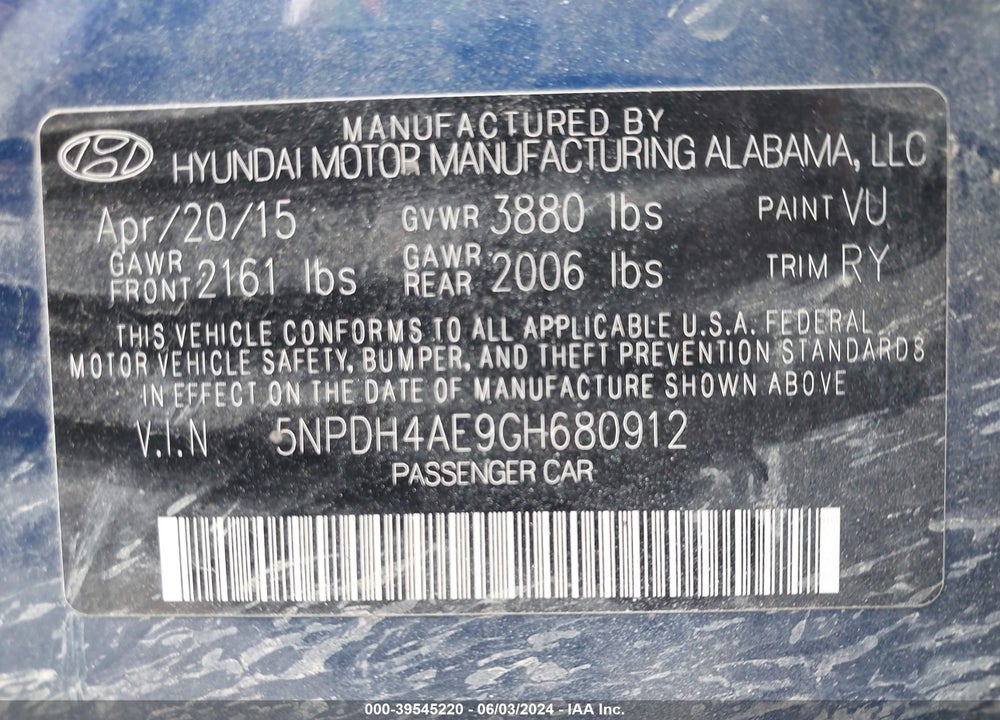 2016 HYUNDAI ELANTRA VALUE EDITION VIN: 5NPDH4AE9GH680912
