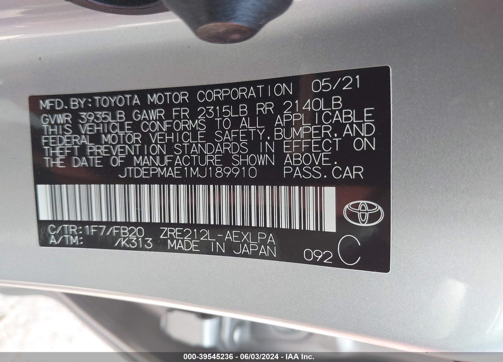2021 TOYOTA COROLLA LE VIN: JTDEPMAE1MJ189910