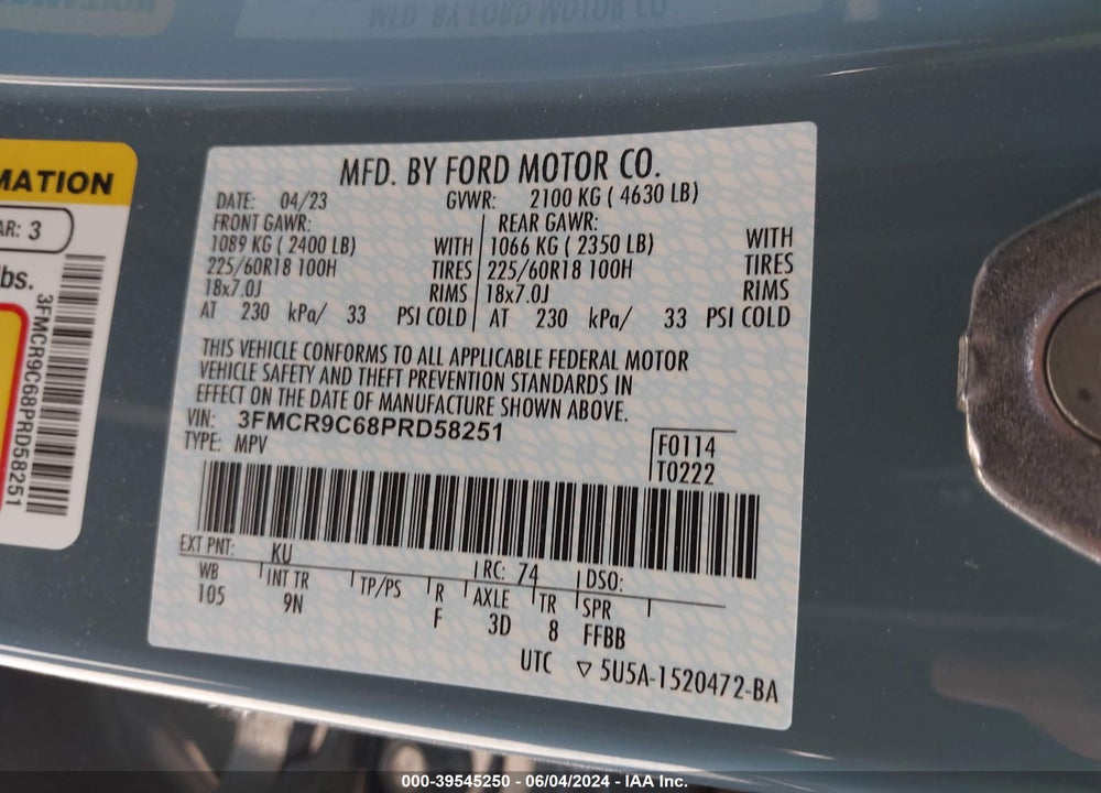 2023 FORD BRONCO SPORT OUTER BANKS VIN: 3FMCR9C68PRD58251