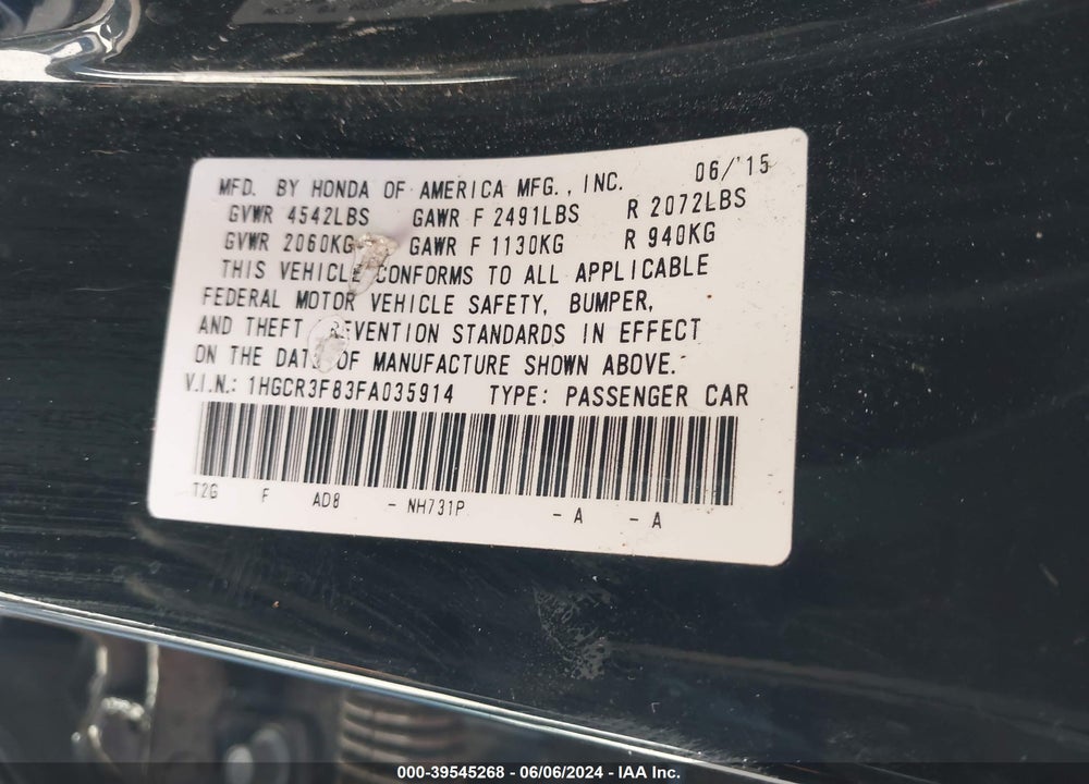 2015 HONDA ACCORD EX-L V-6 VIN: 1HGCR3F83FA035914