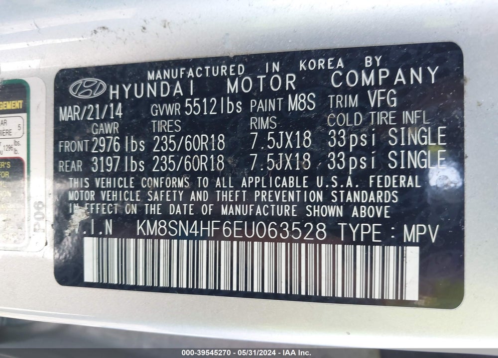 2014 HYUNDAI SANTA FE GLS VIN: KM8SN4HF6EU063528