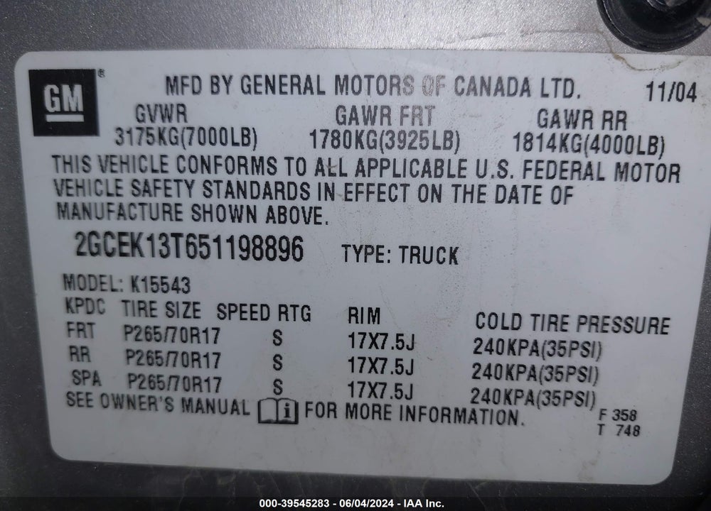 2005 CHEVROLET SILVERADO 1500 Z71 VIN: 2GCEK13T651198896
