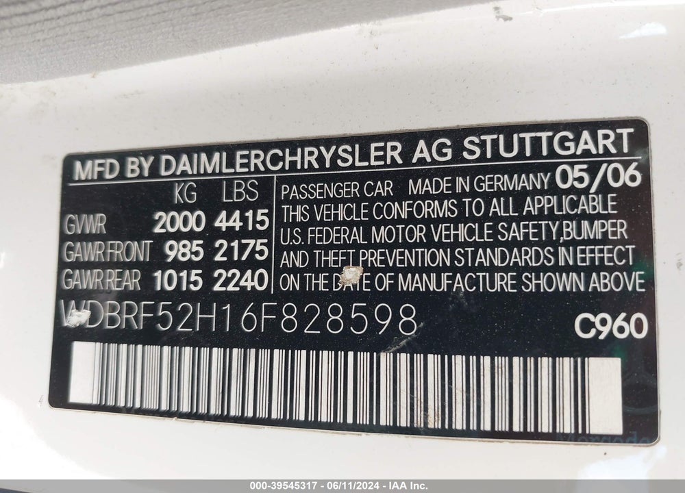 2006 MERCEDES-BENZ C 230 SPORT VIN: WDBRF52H16F828598