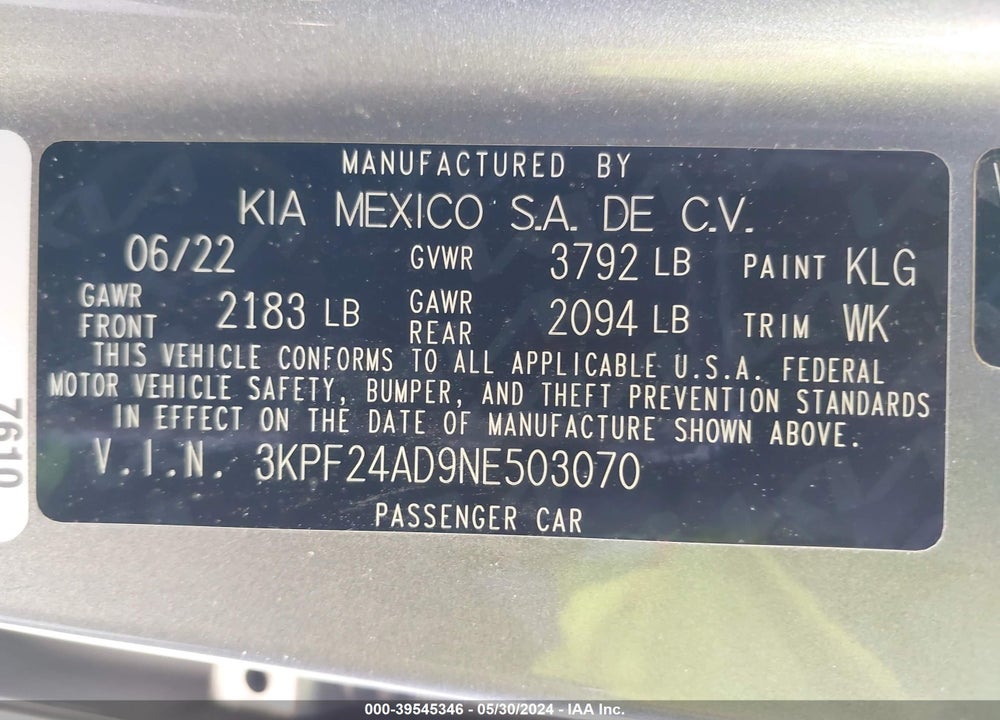 2022 KIA FORTE LXS VIN: 3KPF24AD9NE503070