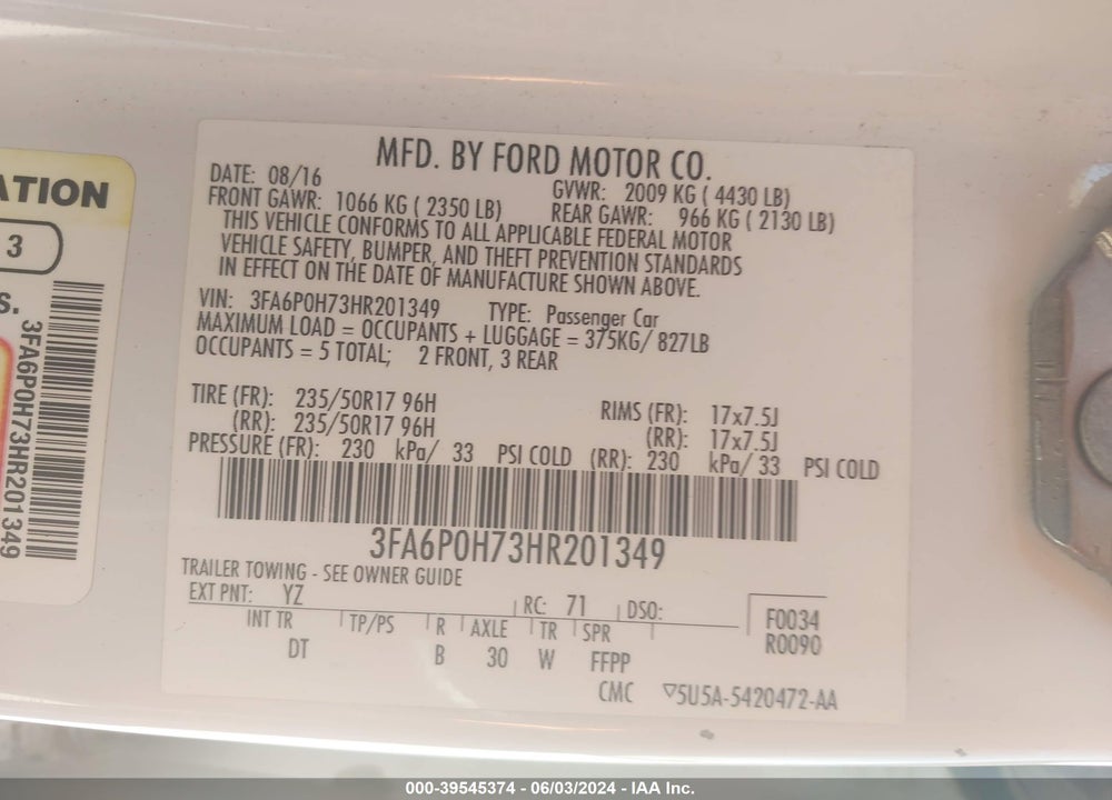 2017 FORD FUSION SE VIN: 3FA6P0H73HR201349