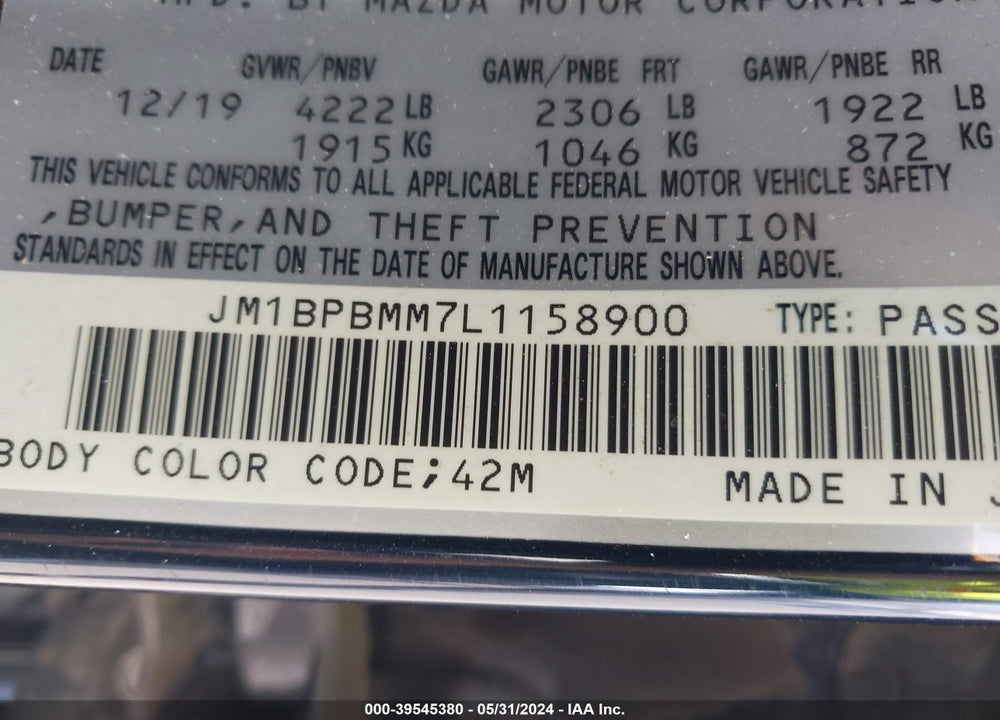 2020 MAZDA 3 PREFERRED PACKAGE VIN: JM1BPBMM7L1158900