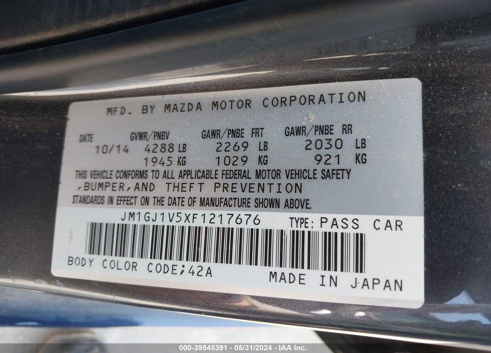 2015 MAZDA 6 I TOURING VIN: JM1GJ1V5XF1217676