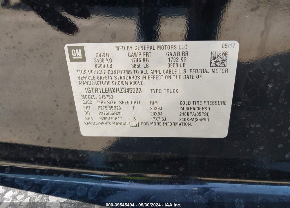 2017 GMC SIERRA 1500 VIN: 1GTR1LEHXHZ345533