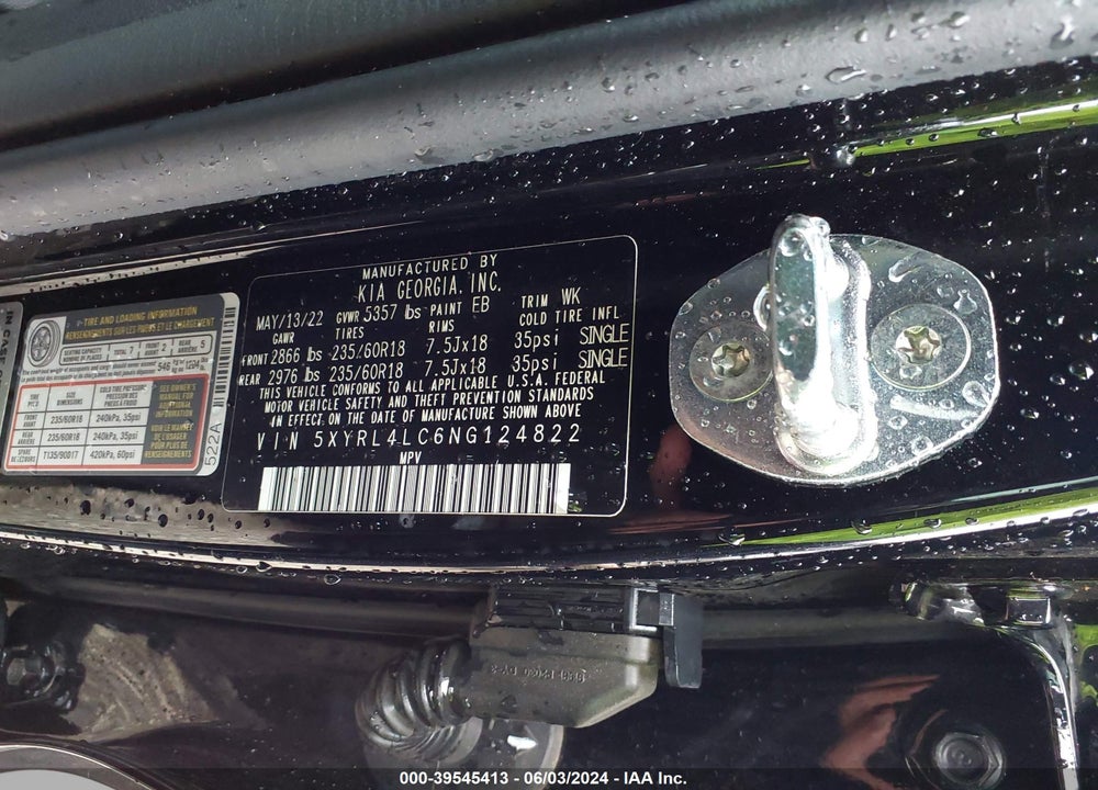 2022 KIA SORENTO S VIN: 5XYRL4LC6NG124822