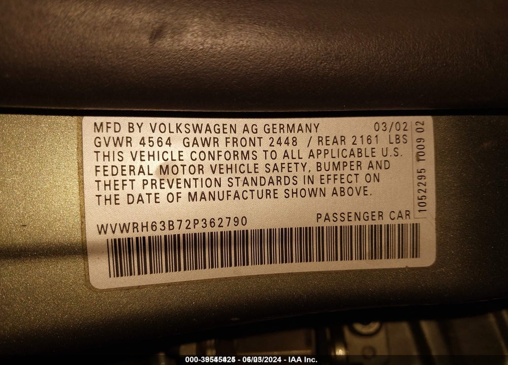 2002 VOLKSWAGEN PASSAT GLX VIN: WVWRH63B72P362790