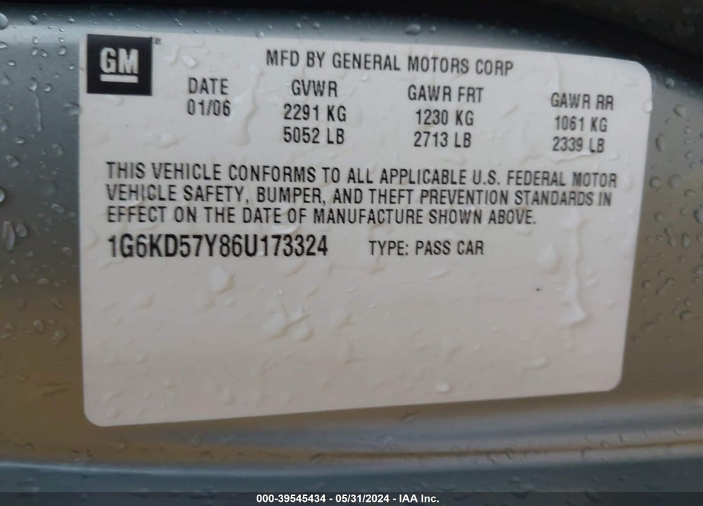 2006 CADILLAC DTS STANDARD VIN: 1G6KD57Y86U173324