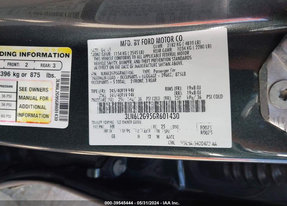 2016 LINCOLN MKZ VIN: 3LN6L2G95GR601430