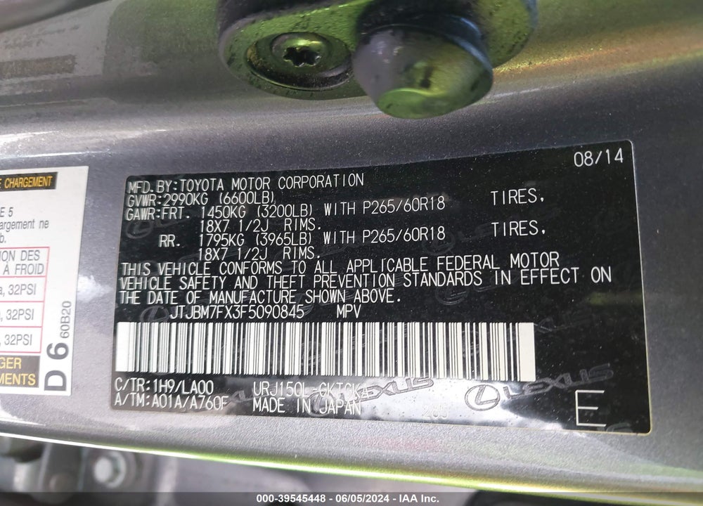 2015 LEXUS 460 VIN: JTJBM7FX3F5090845