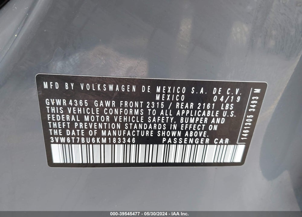2019 VOLKSWAGEN JETTA GLI 2.0T 35TH ANNIVERSARY EDITION/2.0T AUTOBAHN/2.0T S VIN: 3VW6T7BU6KM183346