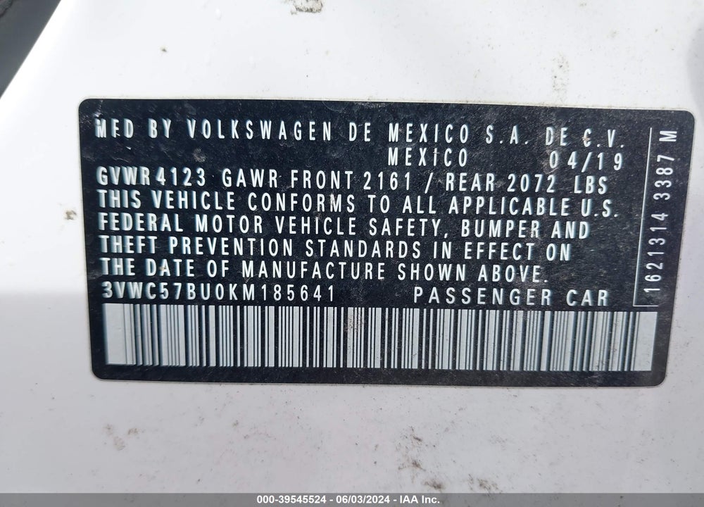 2019 VOLKSWAGEN JETTA 1.4T R-LINE/1.4T S/1.4T SE VIN: 3VWC57BU0KM185641