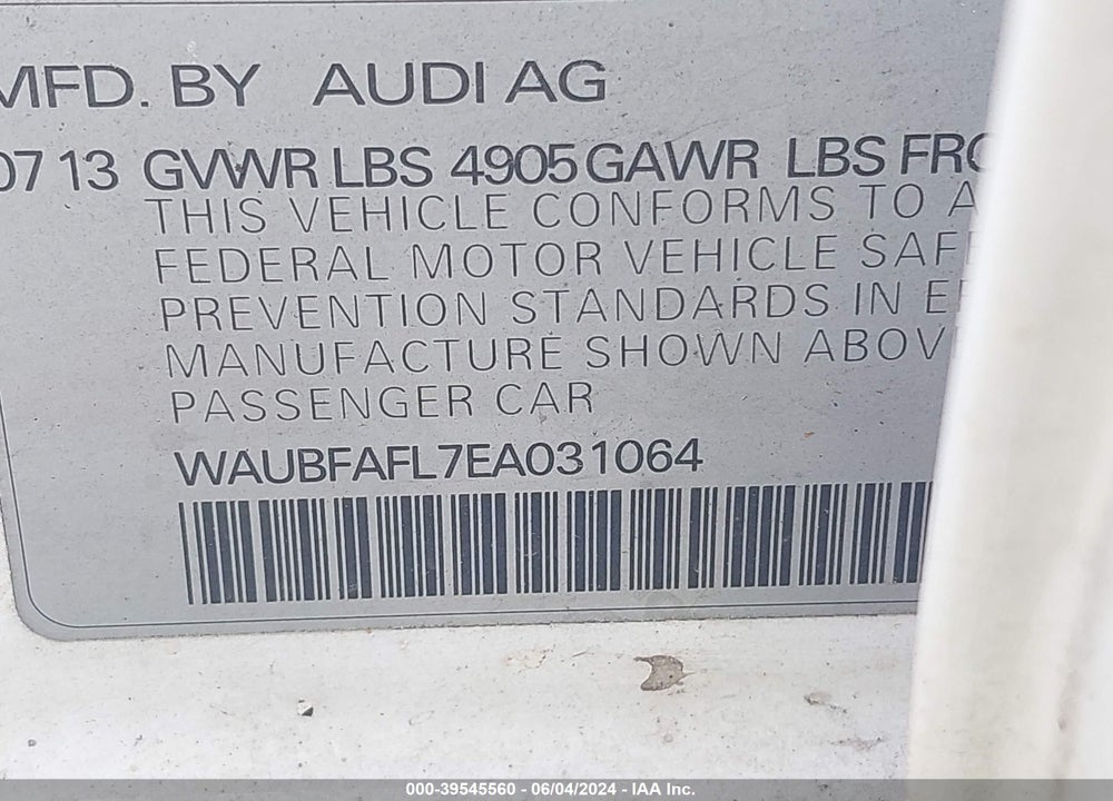 2014 AUDI A4 2.0T PREMIUM VIN: WAUBFAFL7EA031064
