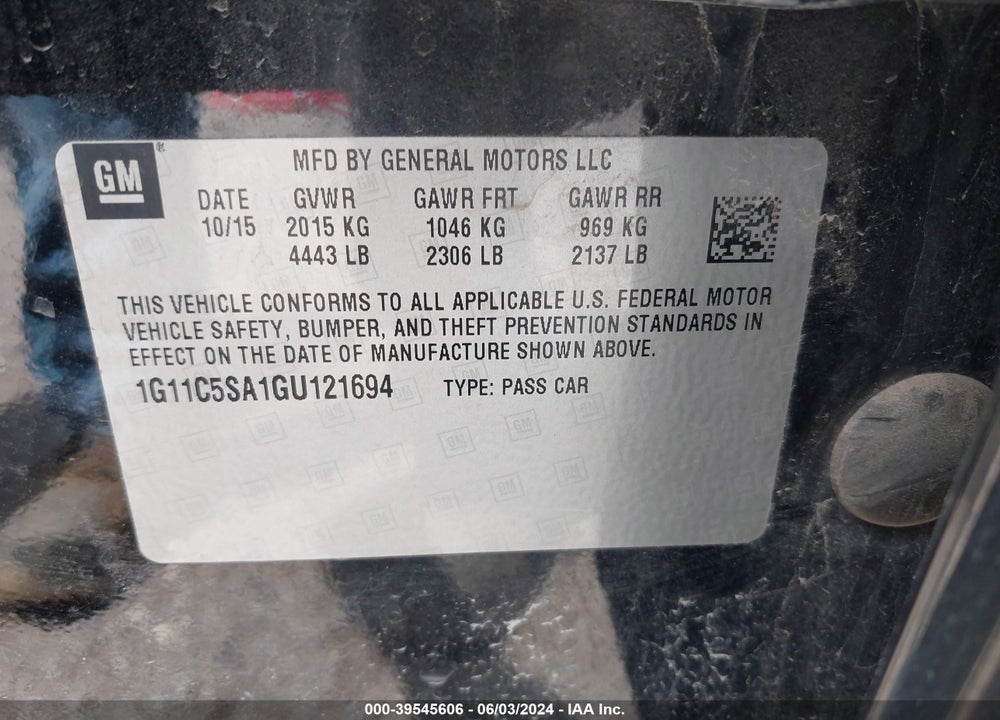 2016 CHEVROLET MALIBU LIMITED LT VIN: 1G11C5SA1GU121694