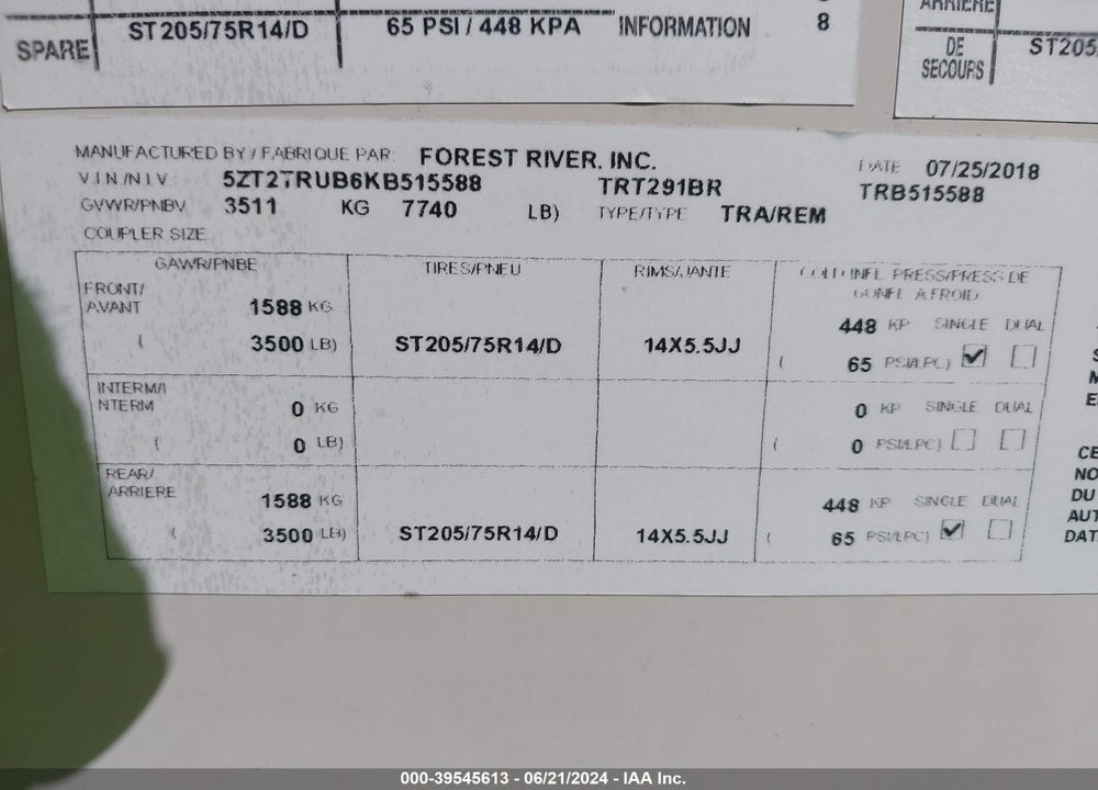 2019 PRIME TIME TRACER 291BR VIN: 5ZT2TRUB6KB515588