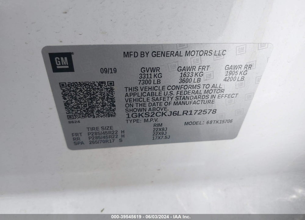 2020 GMC YUKON 4WD DENALI VIN: 1GKS2CKJ6LR172578