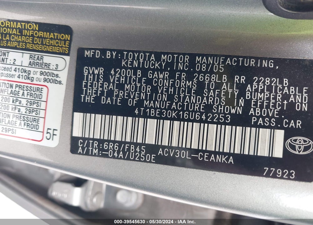 2006 TOYOTA CAMRY LE VIN: 4T1BE30K16U642253