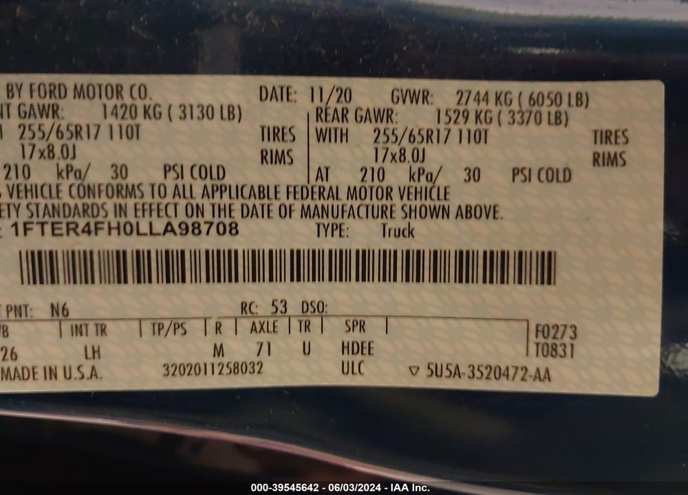 2020 FORD RANGER XLT VIN: 1FTER4FH0LLA98708