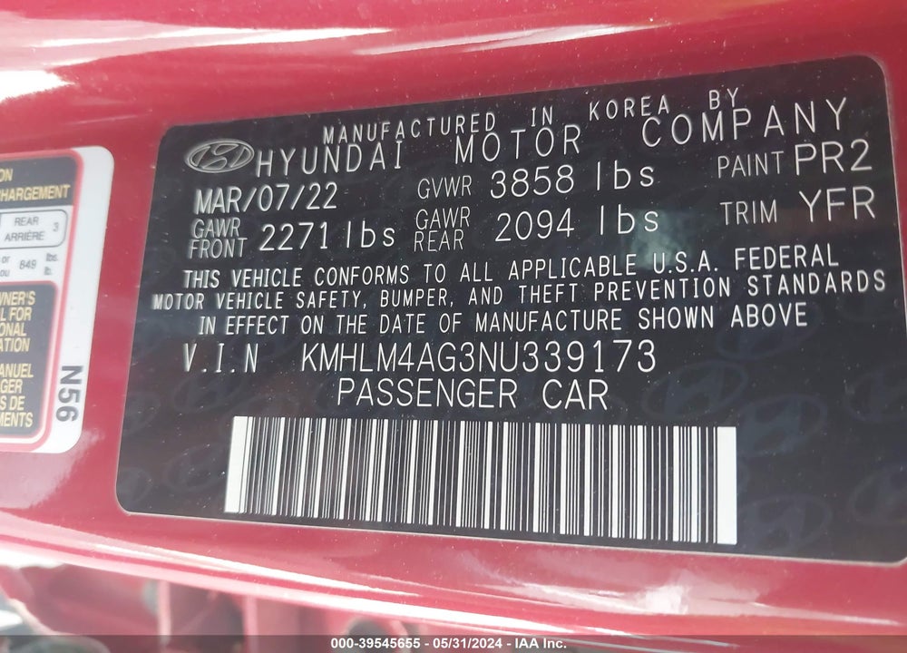 2022 HYUNDAI ELANTRA SEL VIN: KMHLM4AG3NU339173