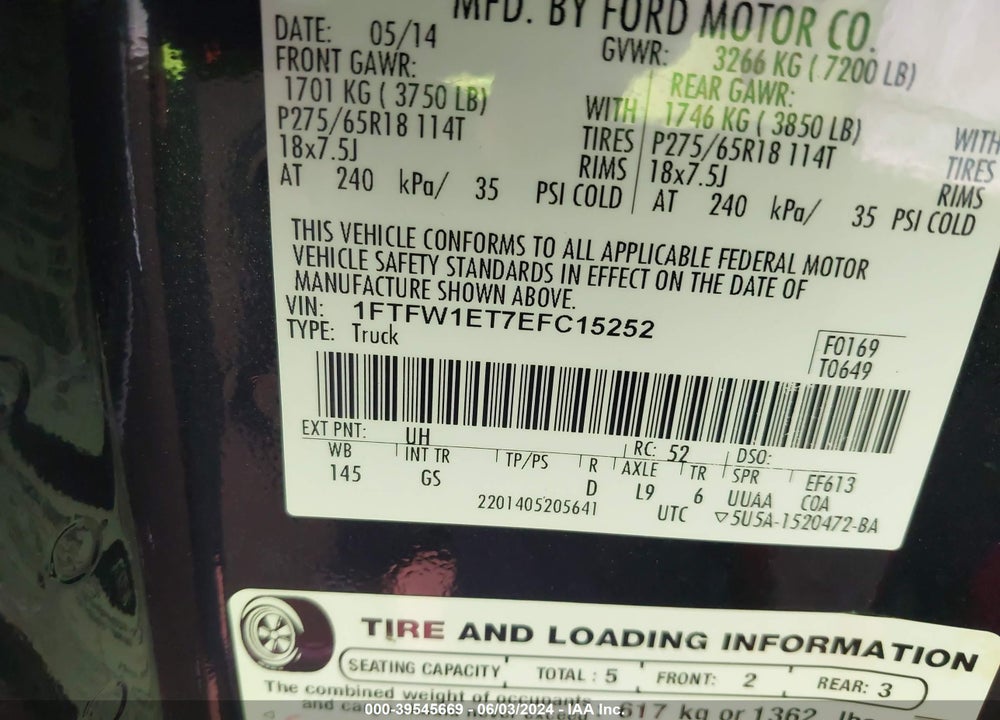 2014 FORD F-150 XLT VIN: 1FTFW1ET7EFC15252
