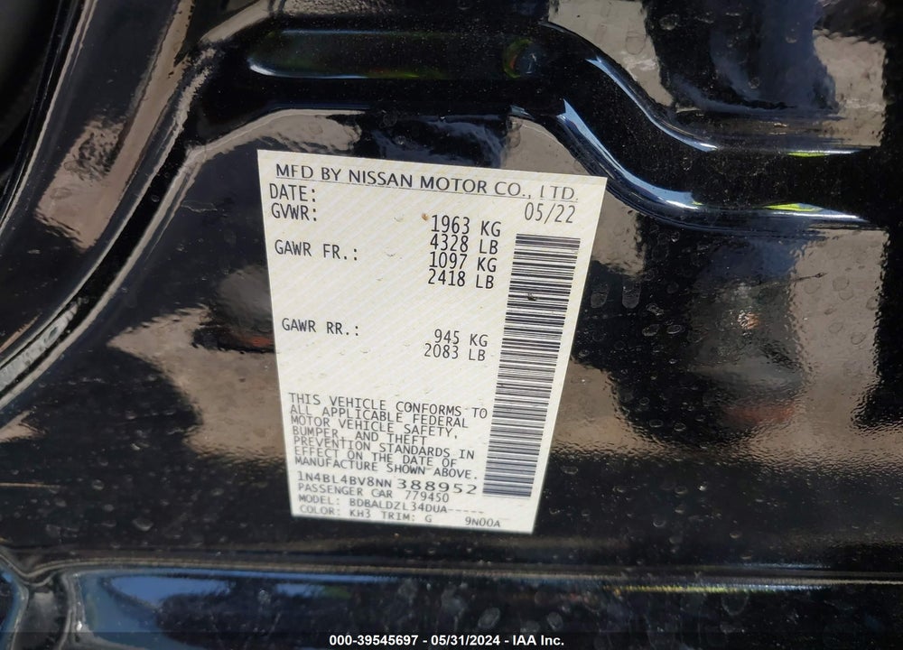 2022 NISSAN ALTIMA S FWD VIN: 1N4BL4BV8NN388952