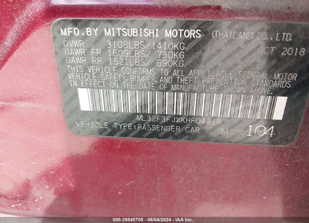 2019 MITSUBISHI MIRAGE G4 ES VIN: ML32F3FJXKHF04218