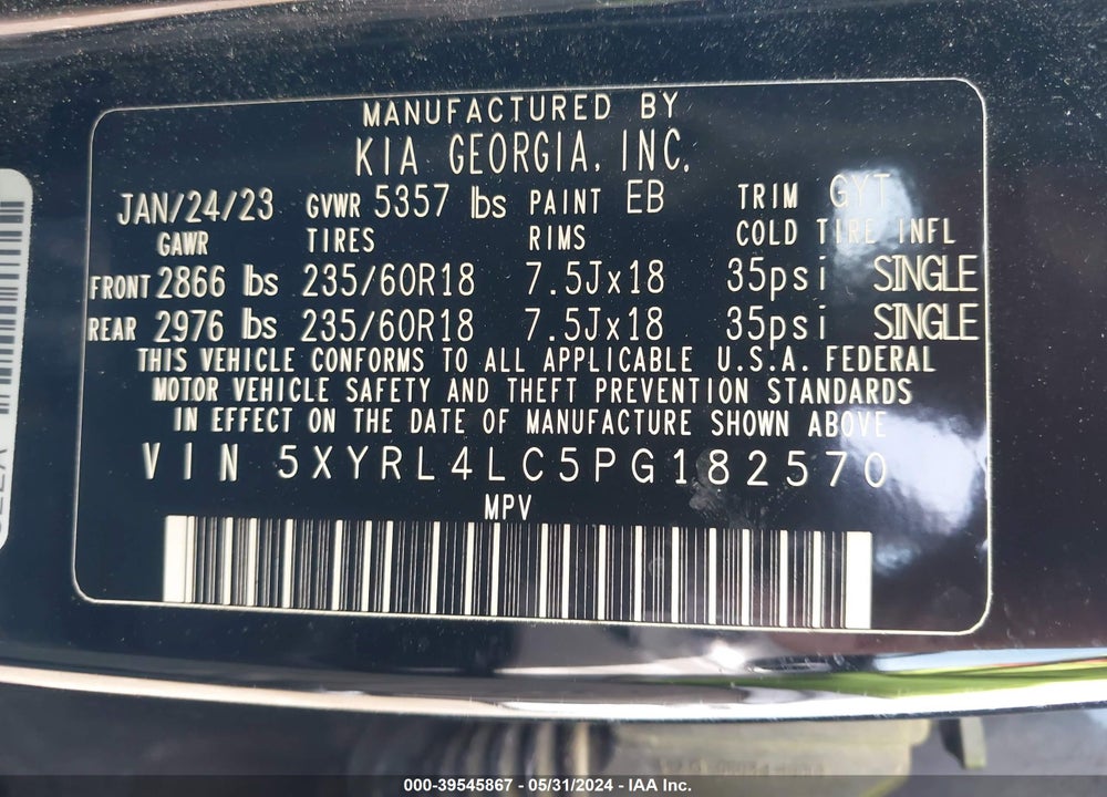2023 KIA SORENTO S VIN: 5XYRL4LC5PG182570