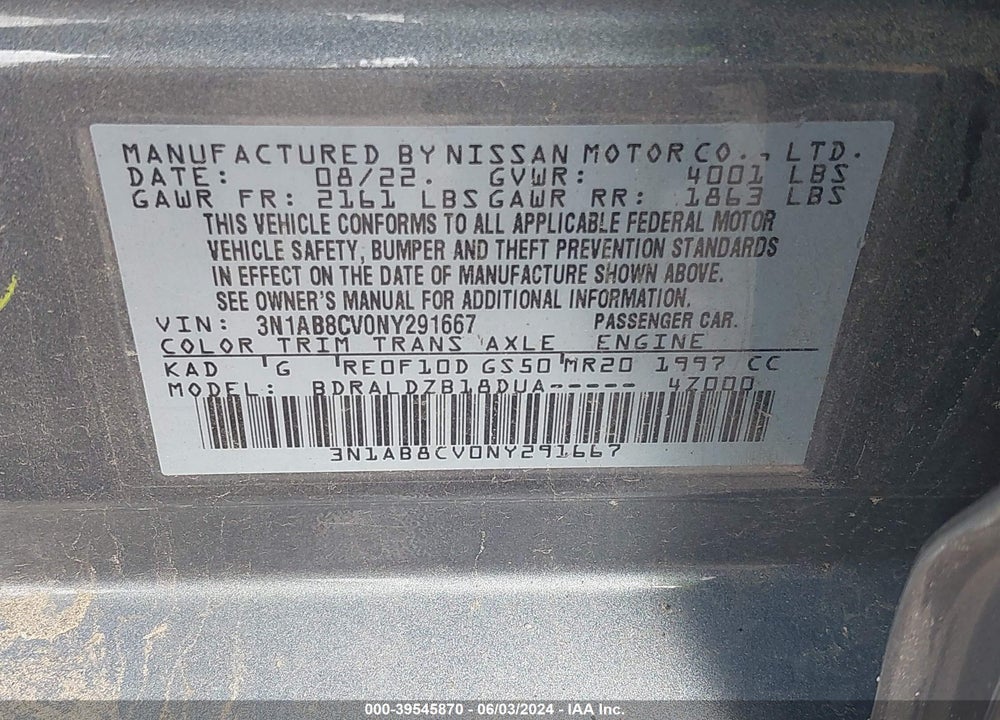 2022 NISSAN SENTRA SV XTRONIC CVT VIN: 3N1AB8CV0NY291667