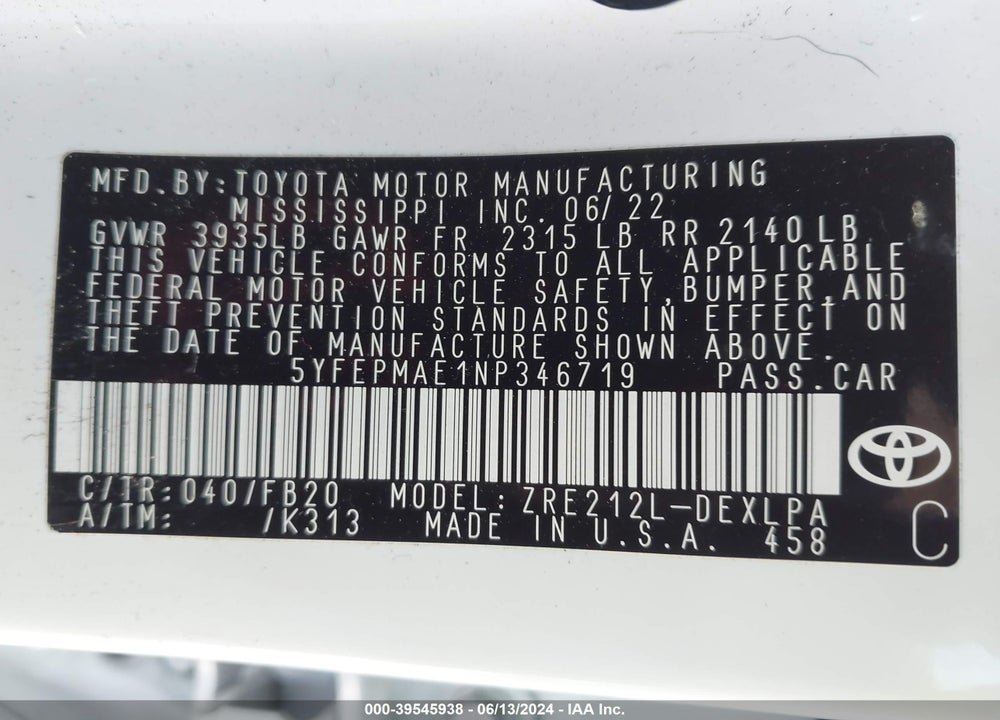 2022 TOYOTA COROLLA LE VIN: 5YFEPMAE1NP346719