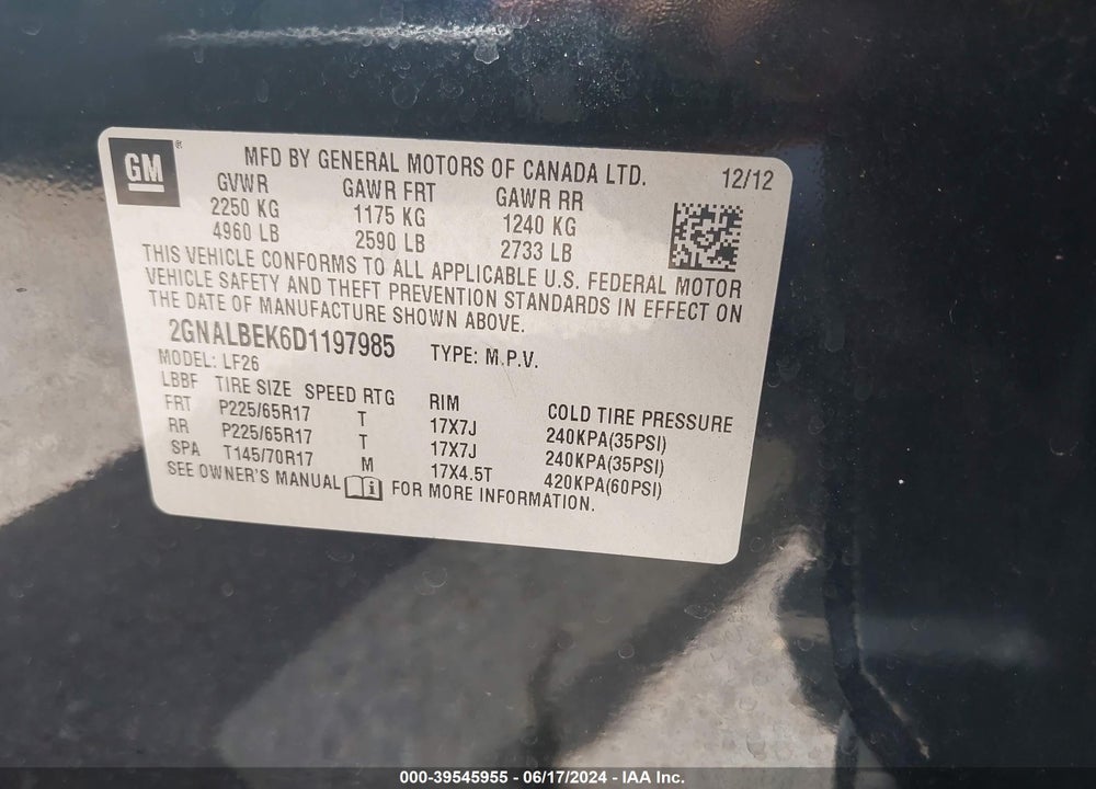 2013 CHEVROLET EQUINOX LS VIN: 2GNALBEK6D1197985