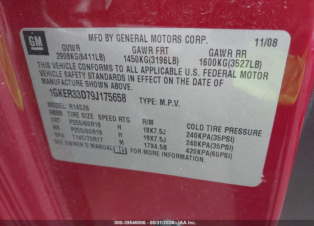 2009 GMC ACADIA SLT-2 VIN: 1GKER33D79J175658
