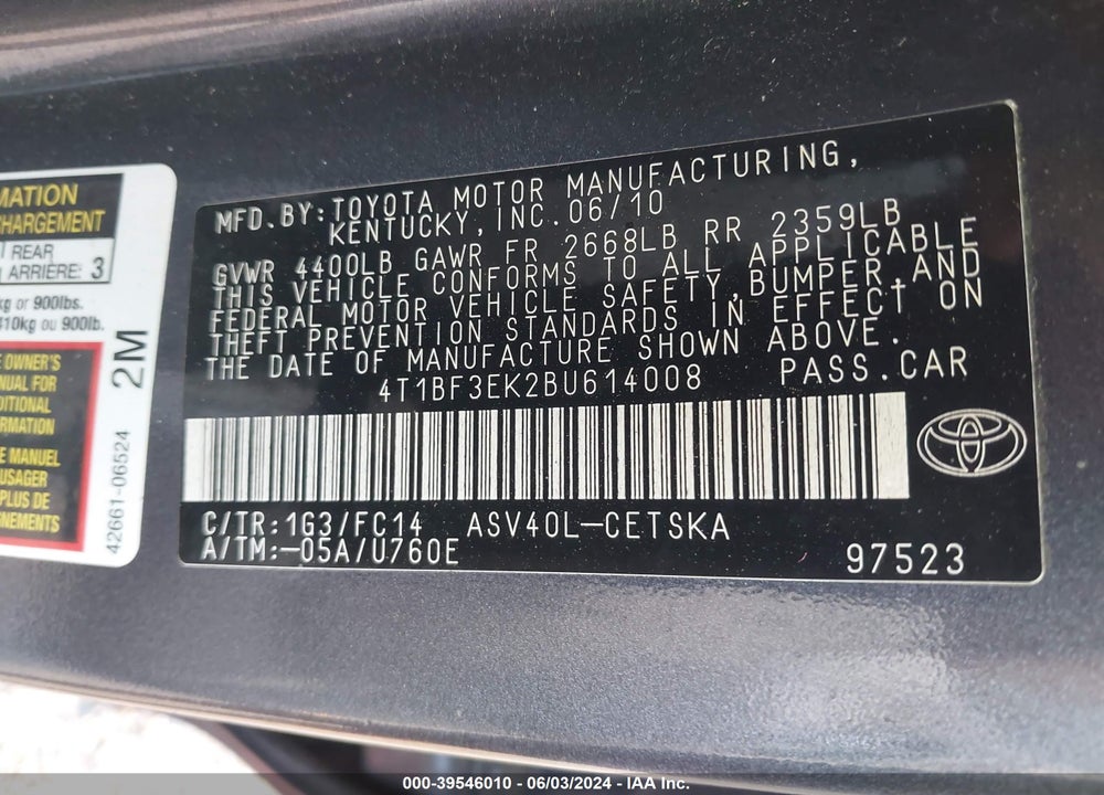 2011 TOYOTA CAMRY SE/LE/XLE VIN: 4T1BF3EK2BU614008