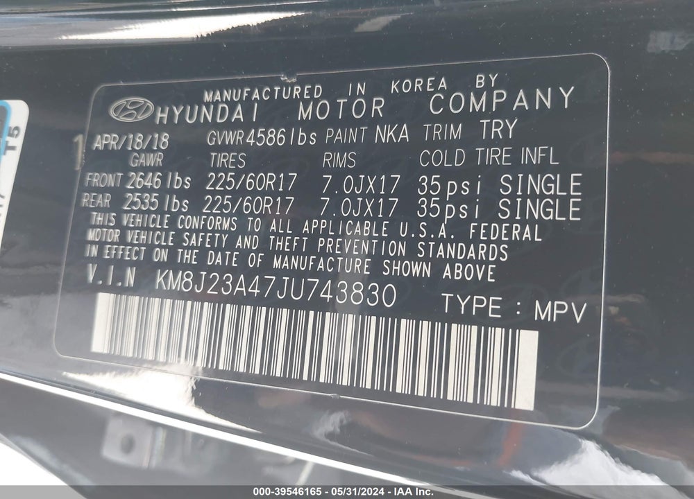 2018 HYUNDAI TUCSON SE VIN: KM8J23A47JU743830