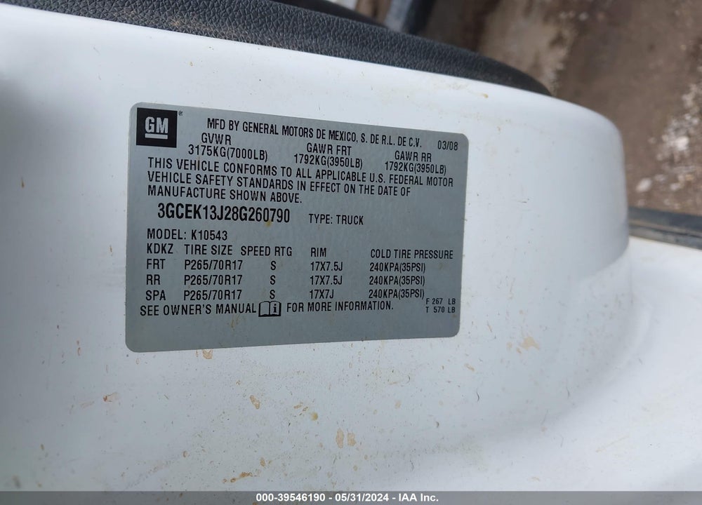 2008 CHEVROLET SILVERADO 1500 LT1 VIN: 3GCEK13J28G260790
