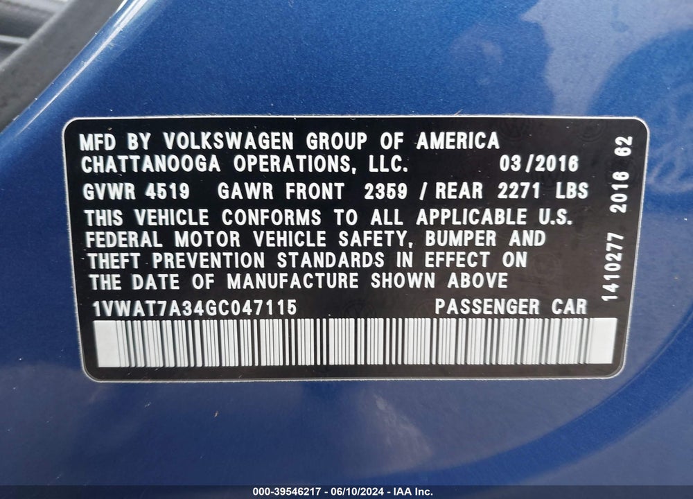 2016 VOLKSWAGEN PASSAT 1.8T R-LINE VIN: 1VWAT7A34GC047115
