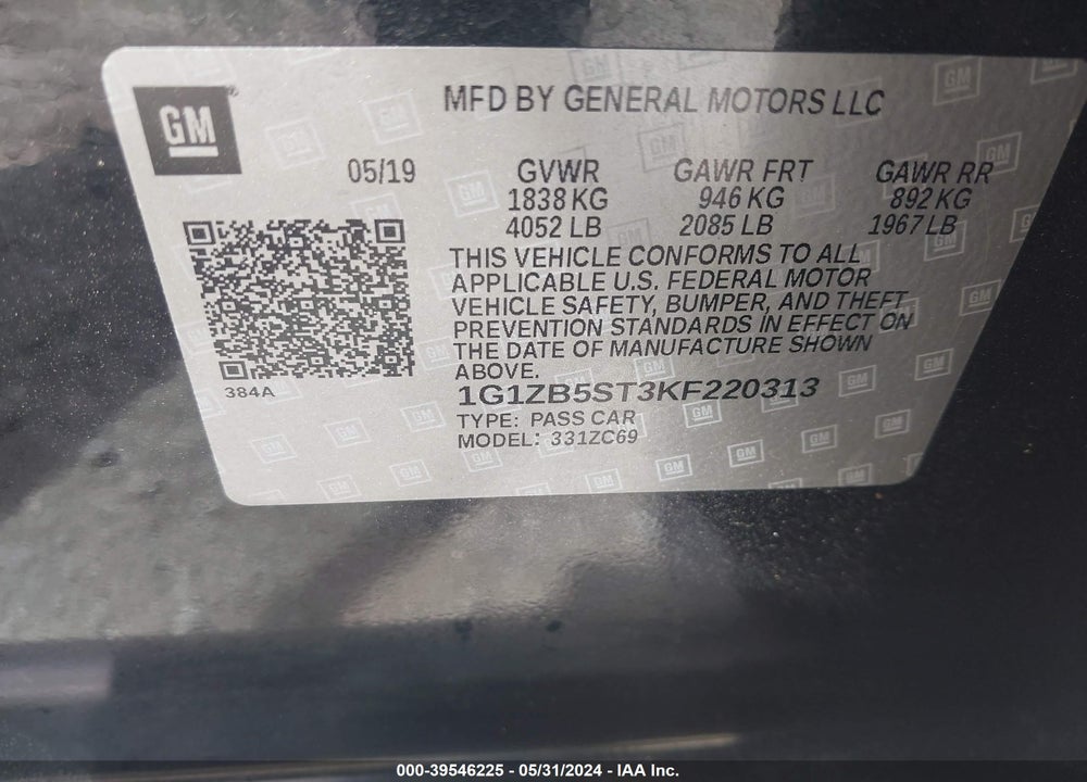 2019 CHEVROLET MALIBU 1LS VIN: 1G1ZB5ST3KF220313