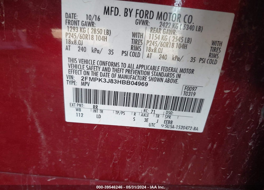 2017 FORD EDGE SEL VIN: 2FMPK3J83HBB04969