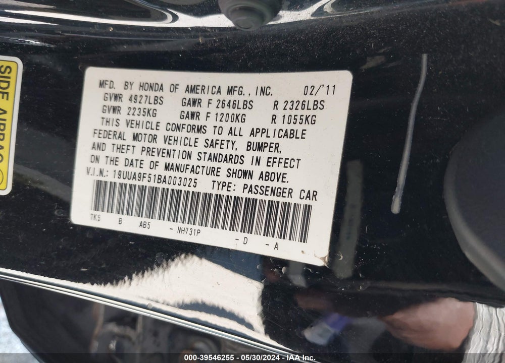 2011 ACURA TL 3.7 VIN: 19UUA9F51BA003025