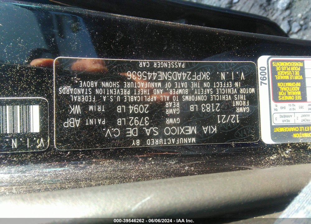 2022 KIA FORTE FE VIN: 3KPF24AD5NE445636