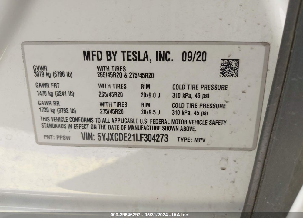 2020 TESLA MODEL X LONG RANGE DUAL MOTOR ALL-WHEEL DRIVE/LONG RANGE PLUS DUAL MOTOR ALL-WHEEL DRIVE VIN: 5YJXCDE21LF304273