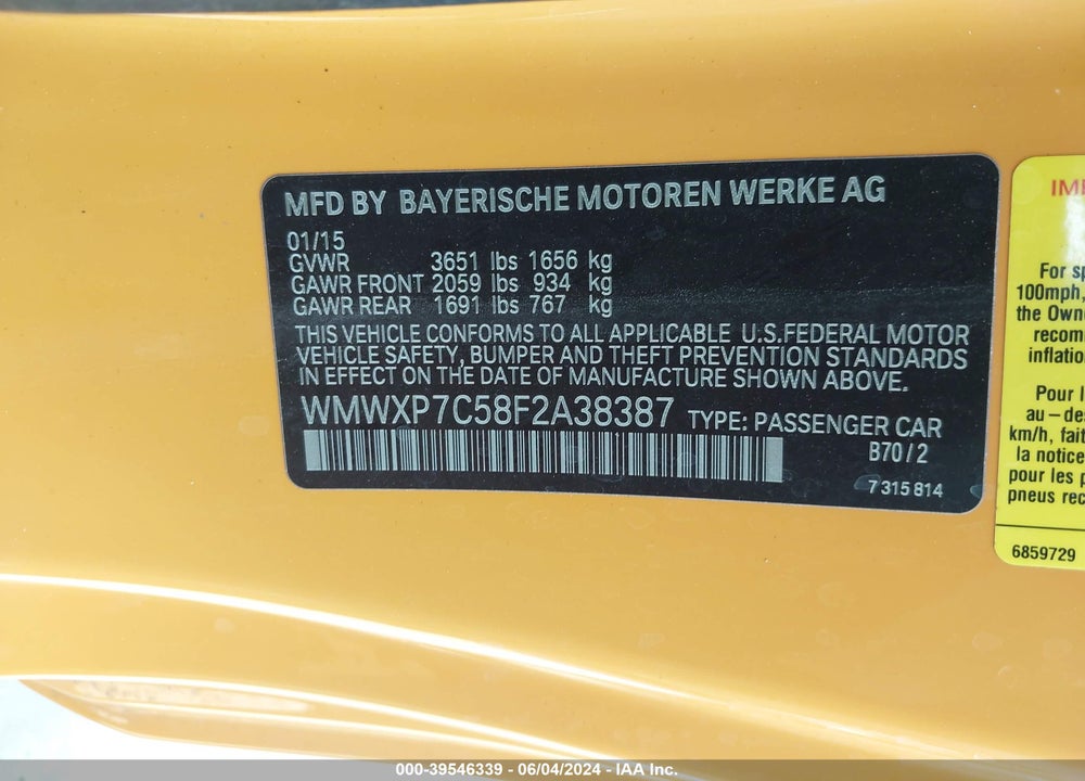 2015 MINI HARDTOP COOPER S VIN: WMWXP7C58F2A38387